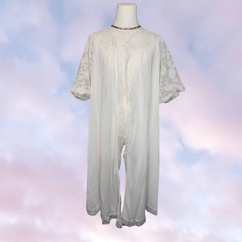 Vtg 50s 60s Pandora White Lace Trim Retro Lingerie Night Puffy Sleeve Robe Sz M